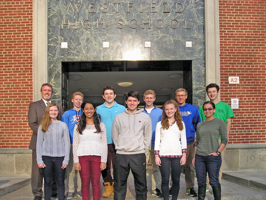 (left, back row , l-r) Westfield High School Principal, Peter Renwick, expressed his congratulations to these juniors and seniors for their top scores: Owen Bartok – English; Spencer Fishman – Mathematics; Noah Reich – Science; Nicholas Youssef – Reading and Science; and William Kelly – English; (first row, l-r) Catherine King – English, Mathematics and Reading; Raquel Levy – Reading; Mackail Liederman – Mathematics; Julia Myers – Reading; and Naalia Zeller Maclean – English. Ryan Munley, who achieved a perfect score in Writing, was unavailable for the photo.