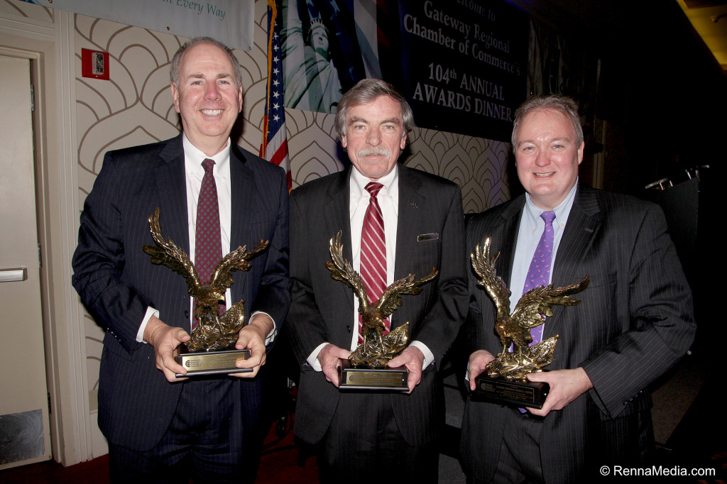(above) Bill Mosca of Bevan, Mosca & Giuditta, P.C. (left), Jeff Plamondon, general manager at the Renaissance Hotel (center), and Glenn Nacion, vice president human resources at Trinitas Regional Medical Center accepted awards on behalf of their companies at the 104th Annual Awards Dinner of the Gateway Regional Chamber of Commerce.