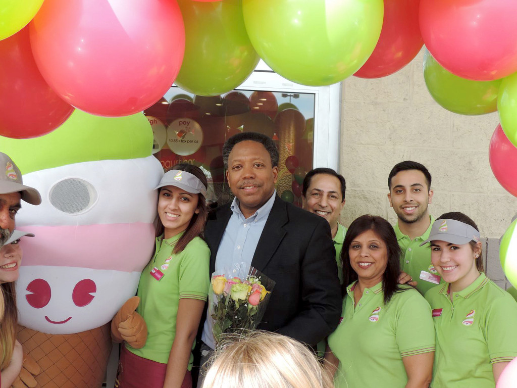 (above) Menchie’s Self Serve Frozen Yogurt has opened a Linden location at Aviation Plaza in Linden. Mayor Derek Armstead was on hand to help cut the ribbon during a ceremony held on February 6th.