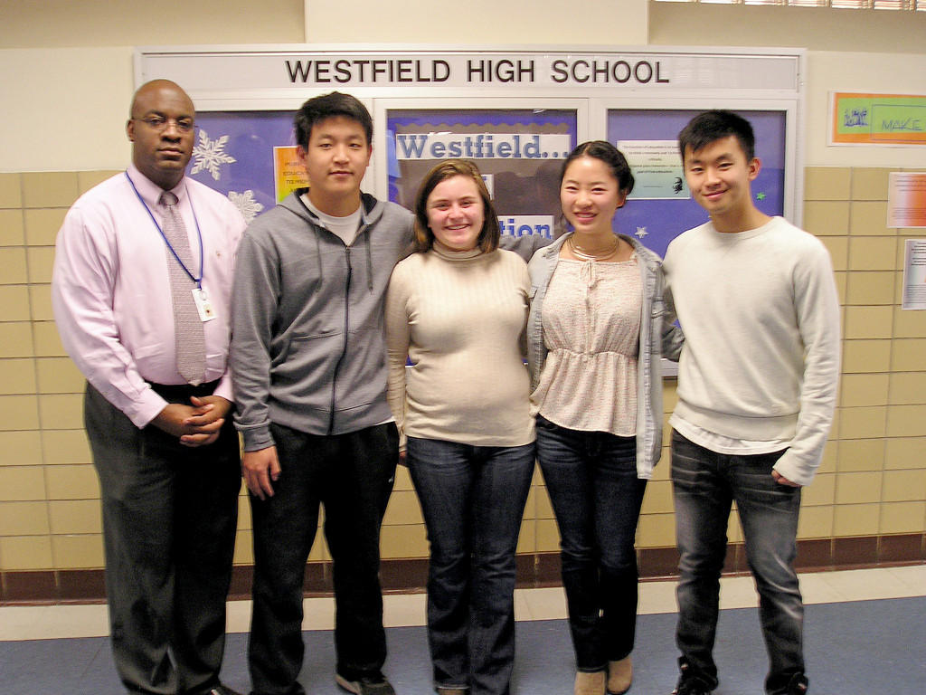 (above, l-r) Westfield High School Assistant Principal Derrick Nelson recently congratulated the students Ryan Q. Dang, Sarah N. Steiner, Nova L. Qi, and Albert A. Chen.