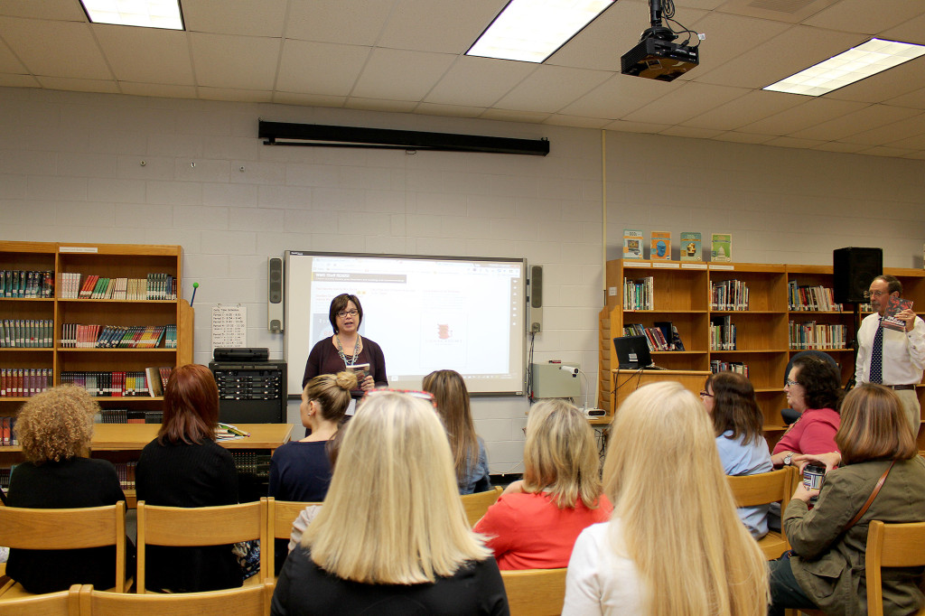 (above) Teacher standing/addressing the room is Warren Middle School Library Media Specialist Cynthia Cassidy. Photo Credit: Mary Ann