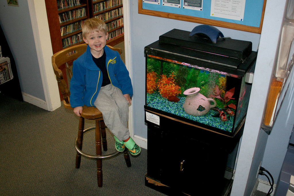 (above) Tatum Jenson, age 4, of Cranford, visiting the fish at SCLSNJ's Watchung Library branch, located at 12 Stirling Road in Watchung, on April 12. Tatum's grandparents live in Watchung and decided to pay the Library a visit with their adorable grandson.