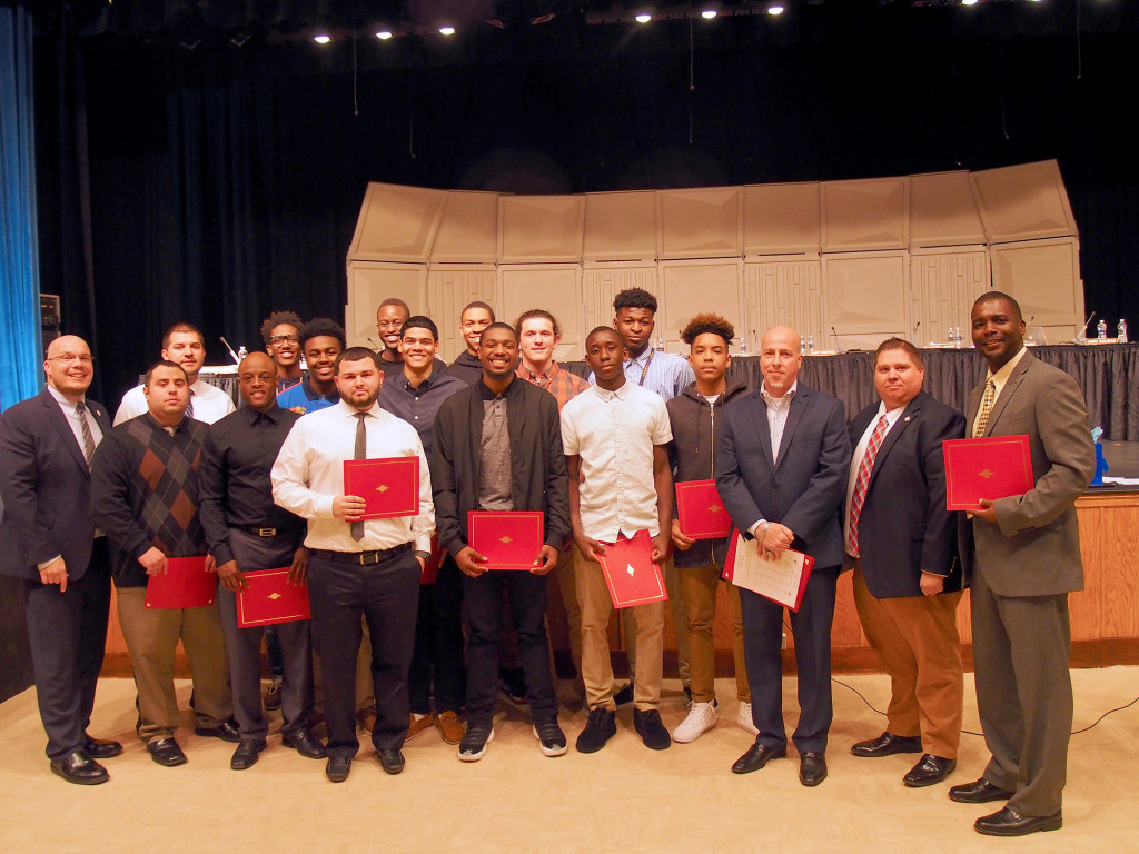 (above) At the April Linden Board of Education meeting, Dr. Danny A. Robertozzi, Bryan A. Russell President of the Board of Education and the Linden Board of Education members recognized the Linden High School Varsity Boys Basketball team As the 2015-2016.