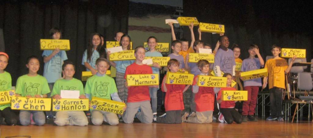 (above) Contestants included Zack Szekeres, Julia Chen, Garret Hanlon, Grace Donnelly, and Mrs. Lisa and Mr. Chris Szekeres from Brookside Place; Finnegan Sezer, Luke Marmarou, Sam Tallon, Kori Burns, and Mrs. Shannon Tallon from Livingston Avenue; Cole Golding, Owen Usinowicz, Maggie O’Connell, Michael DiFulco, and Mr. Tom Usinowicz, Mr. Ed O’Connell, and Mrs. Denise DiFulco from Orange Avenue; Eva Salvatore, Thomas Pereira, Lily Young, and Mr. Brad Young from Hillside Avenue; Mackenzie Cruz, Carina Hechevarria, Catherine Dustin, Ethan Groning, and Mr. Bill Kolfenbach from Garwood; and Christopher Cowell, Simon DelGuercio, Nicholas De La Prida, Ben Tipton, and Mrs. Tresha Cowell from St Michael’s.