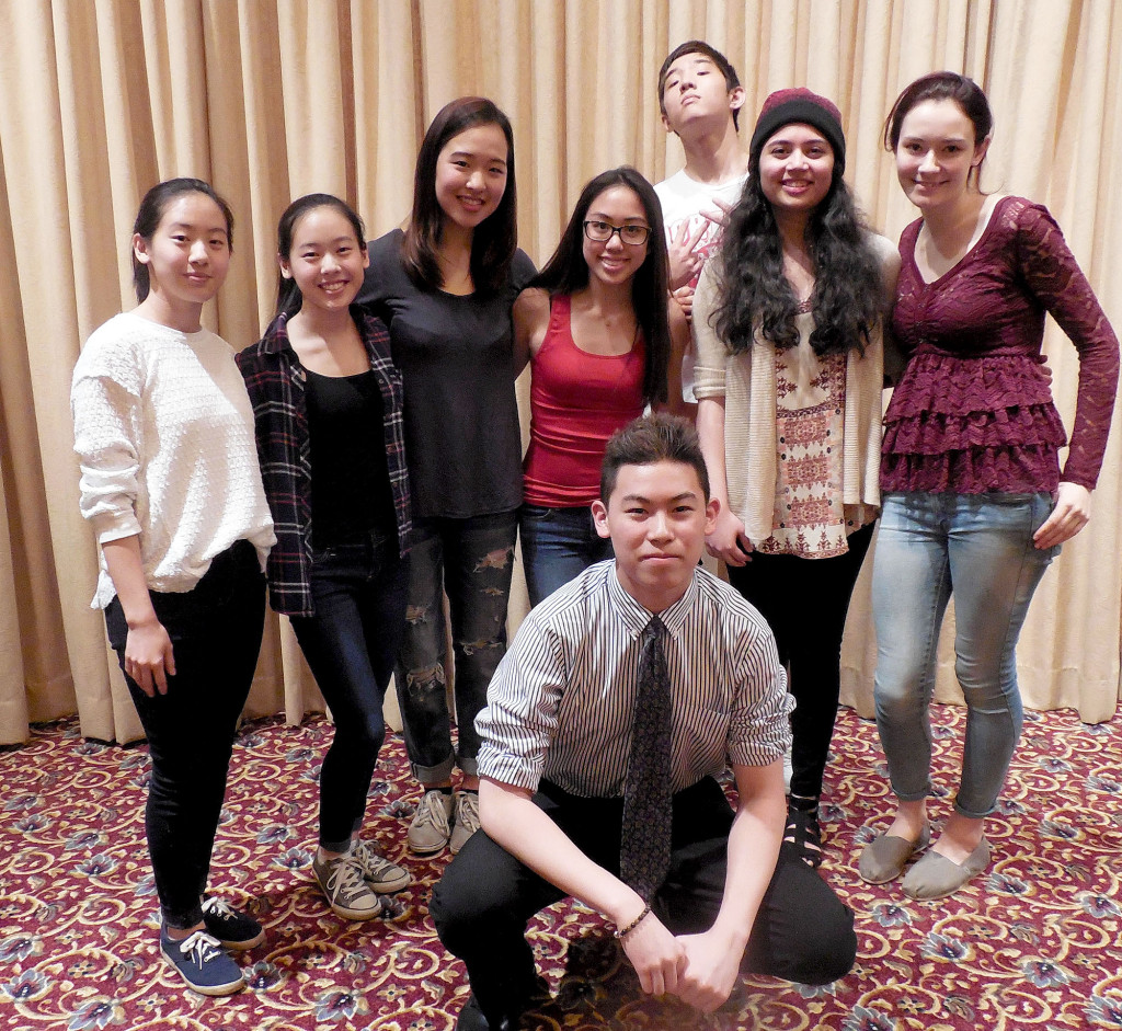 (above) Organizers of the Watchung Hills Regional High School Fusion Club sponsored State of the Heart Concert, on May 7, at Wilson Memorial Church, include, crouching in front, Edward Cai, standing in the middle, from left, Jenny and Emily Yan, Emily Yang, Julianne Lin, Aditi Joshi, and McKenzie Schulyer, and standing in the back, Owen Bai. The benefit concert, featuring “open mic” performances by student singers, musicians, as well as a dancer and a poet, raised some $370 for the American Heart Association.