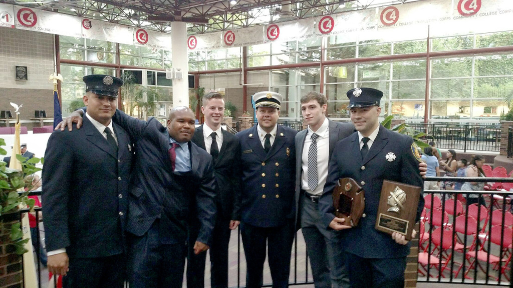 (above l-r) Cranford Fire Recruits with Fire Chief Czeh at the Fire Academy Graduation: Ray Lora, Nicolas Downey, Charlie Hallax, Chief Czeh, Ed Conte, and Jason Cruz.