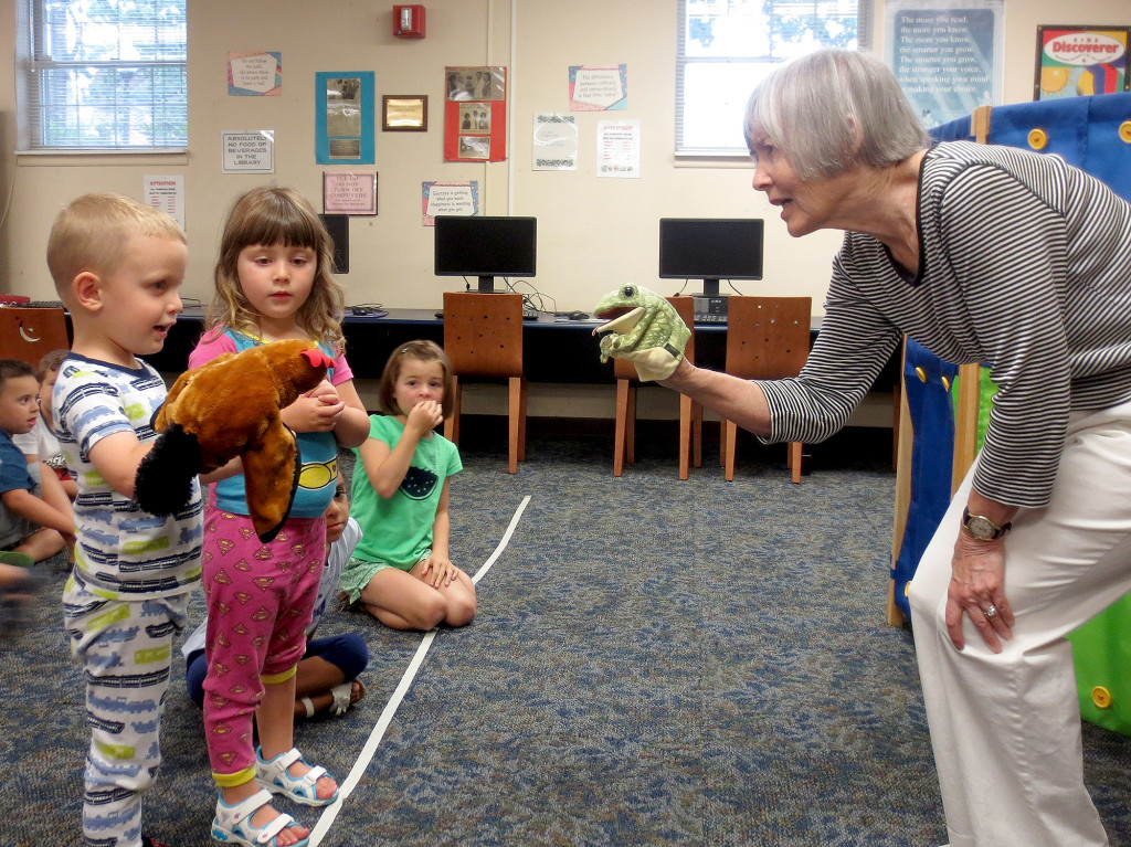 (above) Fabulous Frogs was presented by Carolyn Geeding and Mary Ann Malloy. Children, ages 3 and up enjoyed participating in this interactive story time and puppet show during PJ Story Time which was held every Monday evening.