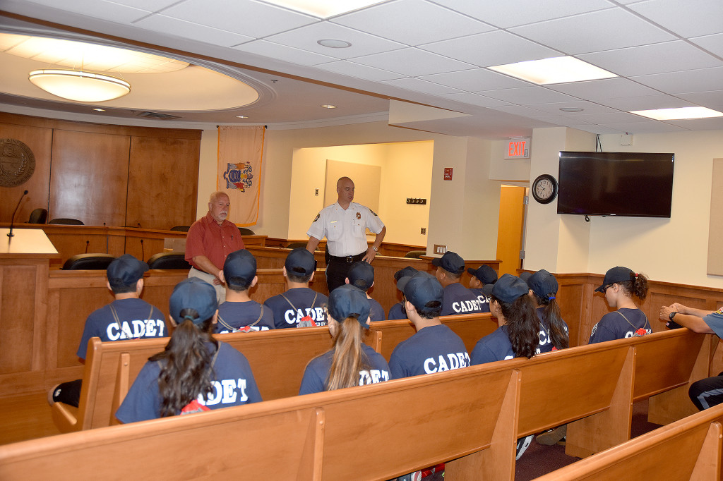 (above) Police Chief William Parenti and Mayor Michael Giordano Jr. address the students during the second annual Police Youth Academy held in July.