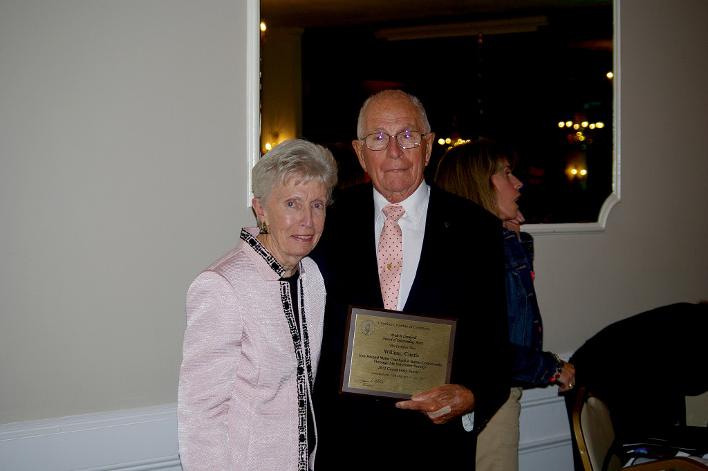 (above l-r) Mary Curtis presented her husband, William Curtis, with the Cranford Historical Society’s Award of Outstanding Merit.