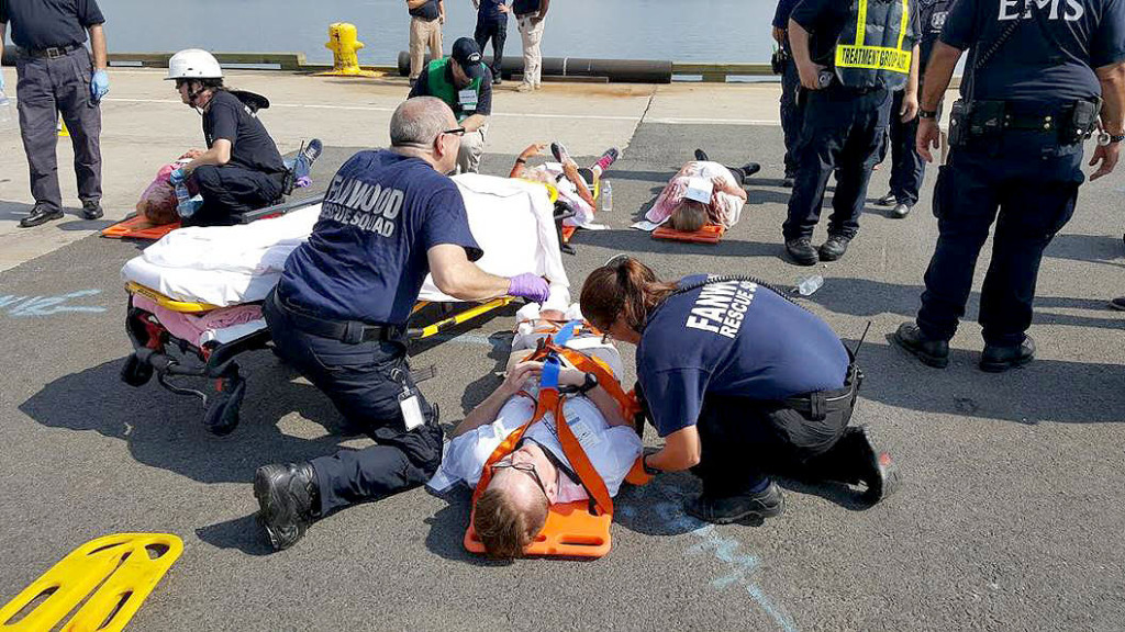 (above) The Fanwood Rescue Squad joined a number of EMS agencies recently in a mock disaster drill at the Port of Elizabeth. The scenario involved an explosion with multiple injuries. Fanwood squad members taking part were Nancy Mustachio, Ian Lewis, Ralph Palazzi and Shreya Kachroo.