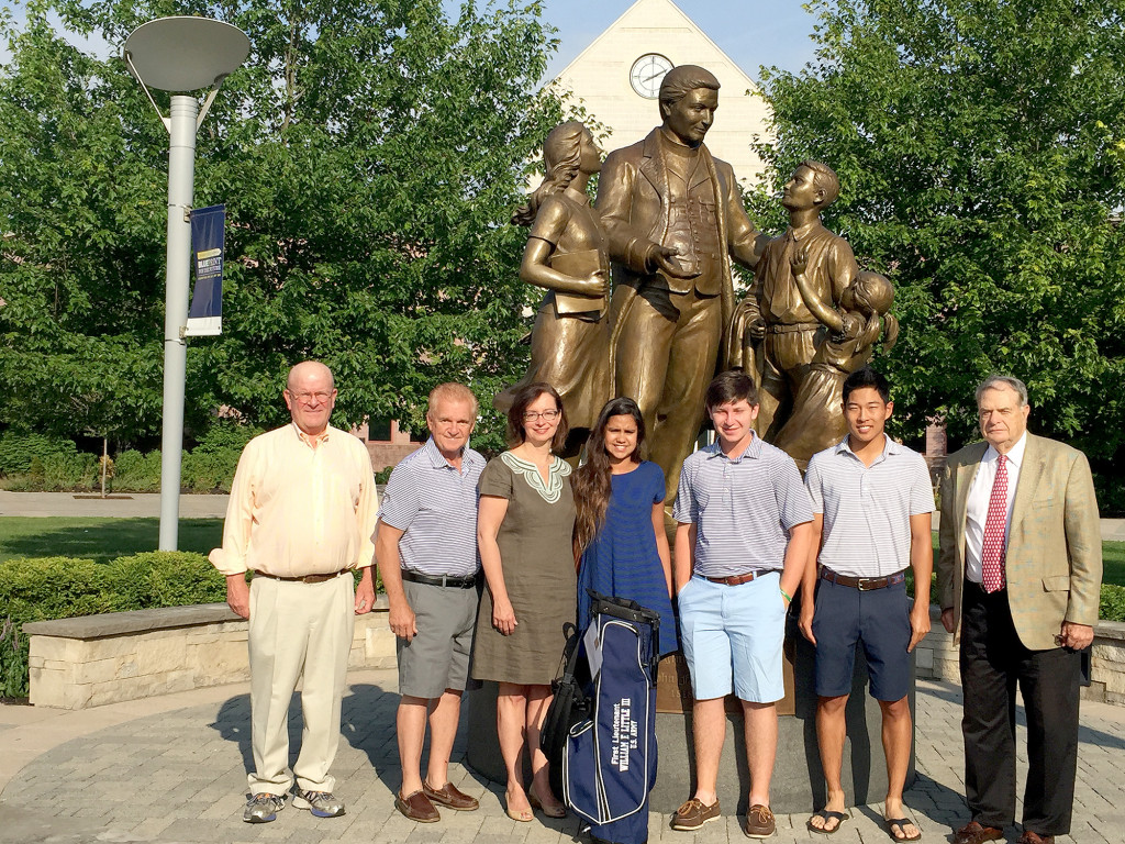 (above l-r) Bruce Morrison '64, Boys' Golf Team Head Coach Joe Forte, Alison Little '82 and her daughter Julia Saksena '22 (Mountainside), Boys' Golf Team Co-Captains Jake Mayer '17 and Justin Chae '16, and Miller Bugliari '52.