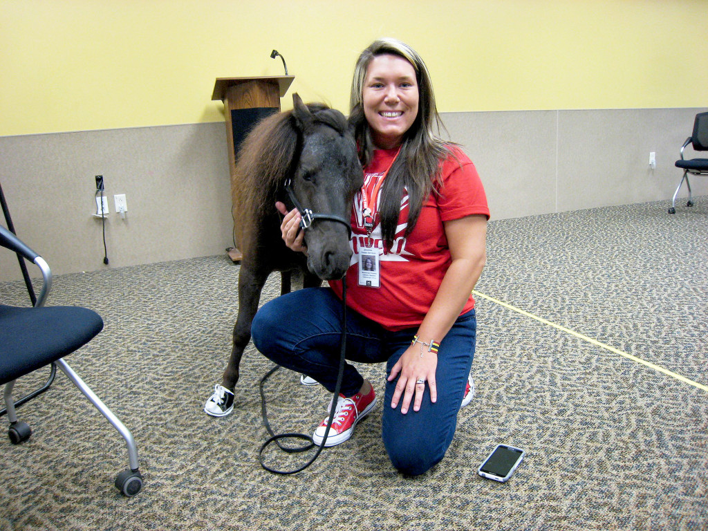 (above) Jessica Bauer, an SCLSNJ youth services librarian at our Hillsborough Library branch with Michelangelo, The Little Therapy Horse.