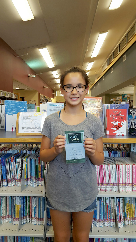 (above) Kaitlyn O'Neill is one of the winners of the Clark Public Library Summer Reading Program. Kaitlyn won a $50 Barnes and Noble gift card thanks due to a generous donation by the Friends of the Clark Public Library. Congratulations to Kaitlyn and co-winner Bansari Patel, a student at Hehnly School. For more information about the library, please call 732 388 5999.